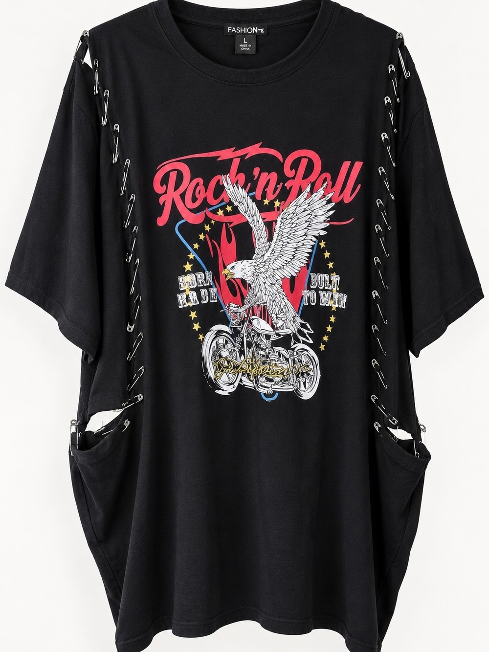 Fashion Rock'n Roll Eagle Graphic Black T-Shirt, Size L